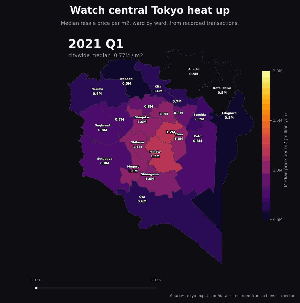 Animated map of Tokyo condo prices per m2, 2021 to 2025 (Tokyo Expat)