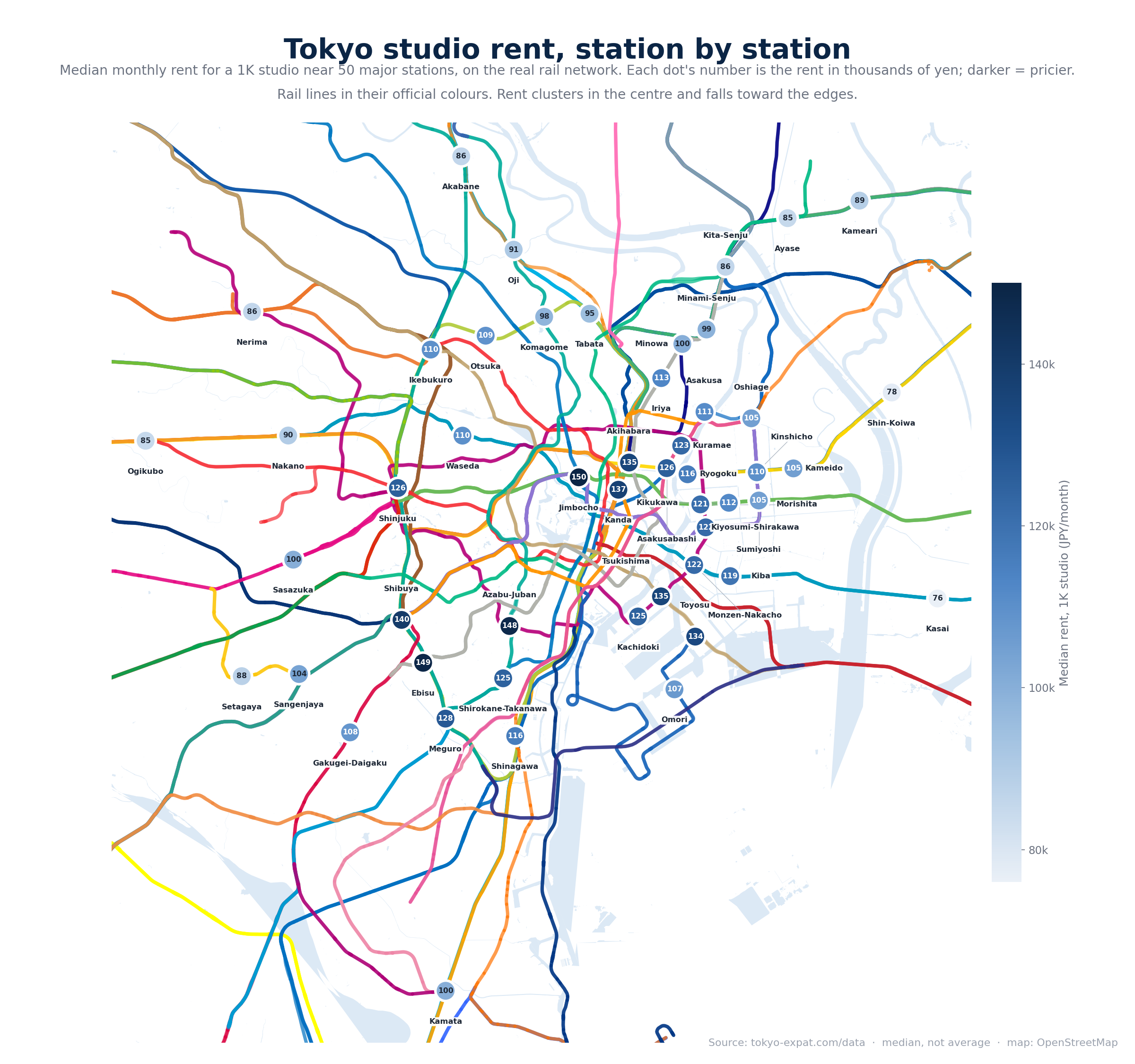 Median 1K studio rent near 50 Tokyo stations, 2026 (Tokyo Expat)